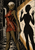Short-haired pointed-eared woman in red armor with a lowered blade beside a raised-hands shadow on a pale alley wall.