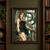 Horned woman with reddish braided hair standing before looping staircases, holding an ornate pointed object.; frame shown for styling only