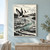Three black-and-ivory shorebirds above a sweeping teal-accented estuary wave, with cottages on the distant shore.; frame shown for styling only