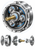 Cutaway planetary-style gear assembly with metallic gears, blue arrows, an amber shaft, and separated components below.