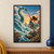 Woman in a coral top and teal skirt reaching toward a blue-green sea serpent rising from foamy surf at sunrise.; frame shown for styling only