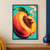 Pop-art illustration of a split coral and golden peach with a brass whistle integrated into its dark pit, curling vapor, and a green leaf on turquoise.; frame shown for styling only