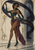 Full-length pointed-eared fantasy woman in a teal outfit lifting a looping dark ribbon in front of pale stone arches.