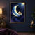 A pale aqua and lemon crescent moon cradles three pink-orange flowers beneath a trail of stars against an indigo-violet sky.; frame shown for styling only