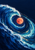 Cobalt and turquoise foaming wave curling in a spiral around a glowing coral-red moon-like orb, with thin golden arcs against navy.