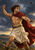 A muscular, curly-haired figure in a red cloak and pale wrap raises a sling-like implement against a stormy coastal landscape.
