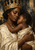 Crowned dark-skinned woman holding a small child close against a dark, textured background, in warm gold and cream tones.