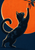 Dark navy-blue cat stretching toward an orange-brown leaf on a branch, set against a large orange circle and deep blue background.