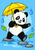 Smiling young panda balancing a large yellow umbrella among a blue puddle and gray stepping stones, with three blue raindrops and two green leaves.