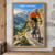 Orange-clad cyclist climbs a winding alpine road above a turquoise lake, with smaller riders below and SUMMIT BREAKAWAY lettering at the top.; frame shown for styling only