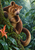 Brown, long-tailed tree-kangaroo-like animal against a mossy trunk amid wet rainforest foliage, with a droplet-bearing leaf and orange-red flower.