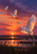 Three white egrets flying over a reed-framed marsh with reflective water beneath an orange and violet sunset.