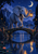 Blue-gray elephant carrying a glowing lantern on a stone arch bridge beneath a crescent moon, reflected in dark blue water.