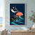 Black-and-white shorebird standing on one leg on a rocky shore above a small fish, with turquoise water and a coral disk against navy.; frame shown for styling only