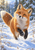 Red fox bounding through fresh snow with raised front paws, grasses, snowy trees and a distant mountain.