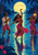 Three adult-presenting people dance in shallow moonlit water; one claps, the central dancer raises an arm, and another holds a lantern.