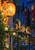 Two brown sparrows on an iron balcony rail beside a glowing patterned lantern and flowering vines in a blue courtyard.