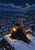 Seated adult traveler in a dark coat and saffron scarf holding a glowing lantern above a snow-covered town at night.