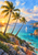 Three leaning palms above a turquoise bay with a white sailboat, rocky shore, coral cliffs, distant islands, and warm light.
