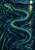 Teal-scaled snake swimming in an S-curve through dark moonlit water, framed by reeds and turquoise ripples.