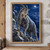 Shaggy gray mountain goat standing among angular rocks in a dark blue alpine valley, with a bright moon and distant mountains behind it.; frame shown for styling only
