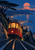 Red cable tram with glowing amber windows climbing hillside rails above a coastal bay beneath a coral moon.