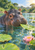 A half-submerged gray hippo nudges a green leaf in a teal river among lily pads and a pink water lily.