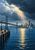 Painterly harbor scene with a lower-left pier leading toward a suspension bridge and distant skyline beneath storm clouds, with sunlight reflected on the water.