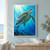 Green sea turtle swimming upward through bright turquoise water beneath sunbeams, with bubbles and coral silhouettes below.; frame shown for styling only