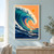 Graphic portrait seascape of a huge turquoise and deep-blue wave curling around an orange sun beneath an apricot sky.; frame shown for styling only