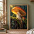 Copper-orange mushroom with pale gills growing from a moss-covered broken stump in a dark, sunlit woodland, with a smaller mushroom beside it.; frame shown for styling only
