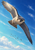 A large falcon banks toward the viewer with one wing raised and one lowered, above a small flock of birds in a blue, clouded sky.