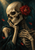 Ivory skull beside a crimson flower, with skeletal hands and ribcage against a dark teal-black background.