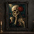 Ivory skull beside a crimson flower, with skeletal hands and ribcage against a dark teal-black background.; frame shown for styling only
