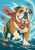 Tawny bulldog with a coral bandana strides through turquoise gusts as autumn leaves blow around it.