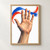 Realistic open hand making a welcoming wave, framed by cobalt-blue and vermilion strokes on white.; frame shown for styling only