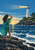 Woman in a flowing teal garment on coastal rocks, facing a white lighthouse, broad beam, sea, and flying seabird.