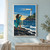 Woman in a flowing teal garment on coastal rocks, facing a white lighthouse, broad beam, sea, and flying seabird.; frame shown for styling only