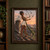Horned, dark-haired fantasy woman with a long tail surrounded by pale birds above a tiled city rooftop at sunset.; frame shown for styling only