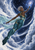 A woman in a teal-and-gold suit flies upward through pale clouds toward a bright spiral galaxy, with a translucent scarf trailing behind her.