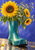 Several yellow sunflowers and small white flowers arranged in a glossy teal rain boot on a reflective surface against violet-blue.