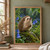 Hedgehog holding a bluebell stem on a mossy stone, looking toward a hanging raindrop beneath a leaf among ferns.; frame shown for styling only