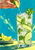 A hand squeezes a lime above a tall glass of cucumber mint cooler with ice, bubbles and lime wedges against a turquoise background.