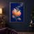 Rose-pink and peach pod split open at center, releasing golden seed-like forms on curved stems above a slender stem and two leaves against deep blue.; frame shown for styling only