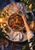 Overhead garden supper table with roasted vegetables, two hands passing a bowl of herbs, tableware, drinks, bread, a pear and a dog partly visible.