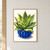 A large green, serrated-leaf aloe-like rosette with coral tips in a fluted cobalt-blue pot on a warm-white background.; frame shown for styling only