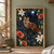 Red fox standing in a moonlit garden beneath a full moon, framed by white lilies, coral flowers, indigo blooms, and dense foliage.; frame shown for styling only