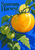 Golden tomato on a leafy vine with two smaller green tomatoes, a yellow sun-disc, and “Sunroom Harvest” lettering on a blue background.