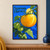 Golden tomato on a leafy vine with two smaller green tomatoes, a yellow sun-disc, and “Sunroom Harvest” lettering on a blue background.; frame shown for styling only
