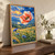 A large coral-and-white poppy rises above blue flowers and golden grasses in a meadow beneath rolling hills and a clouded sky.; frame shown for styling only